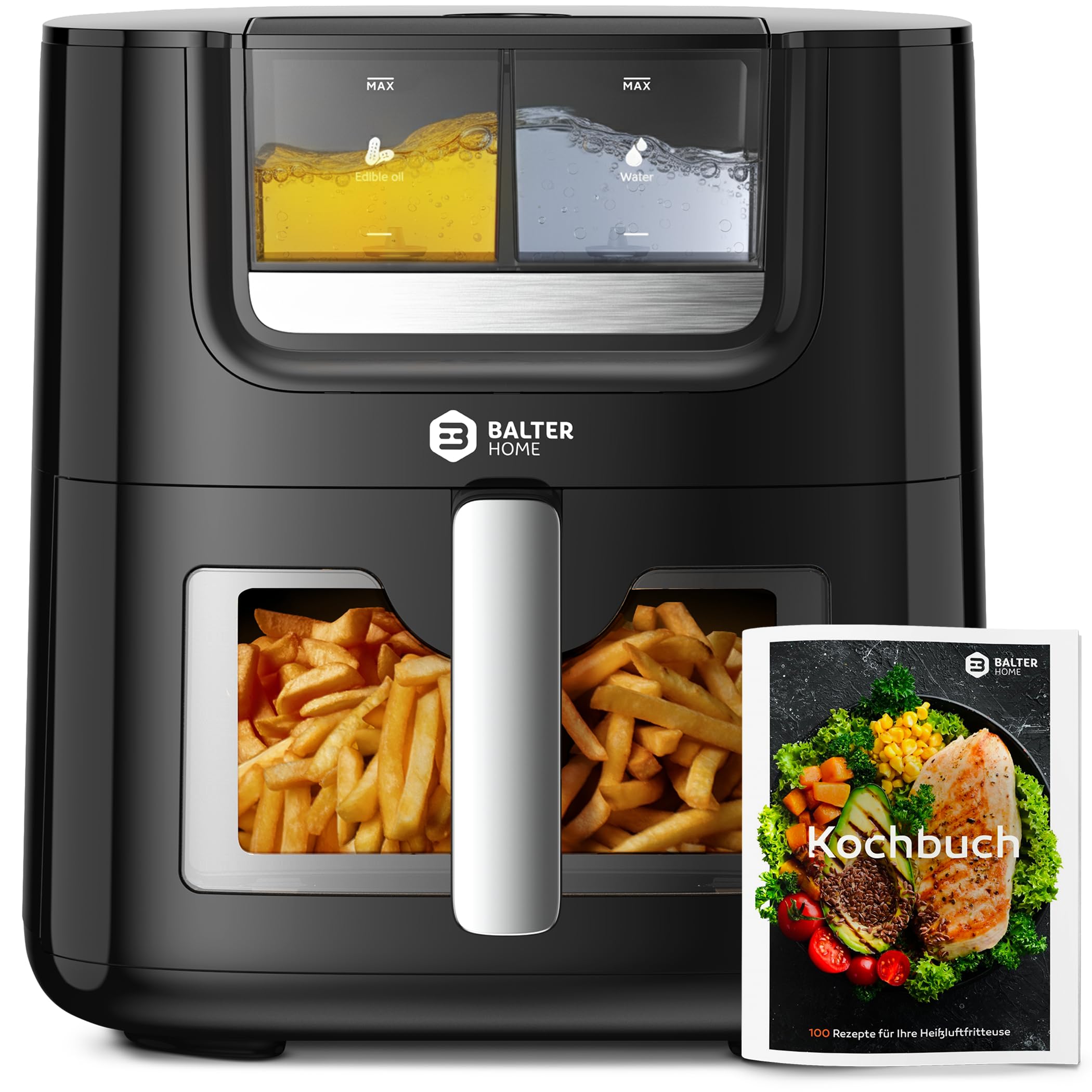 Balter Heißluftfritteuse Airfryer mit Öl- & Wasser-Spray Funktion für extra knusprige Speisen, 7,2L XXL, Heissluftfriteuse mit Sichtfenster, 10 Programme, Air Fryer, inkl. 100 Rezepte, HL-710