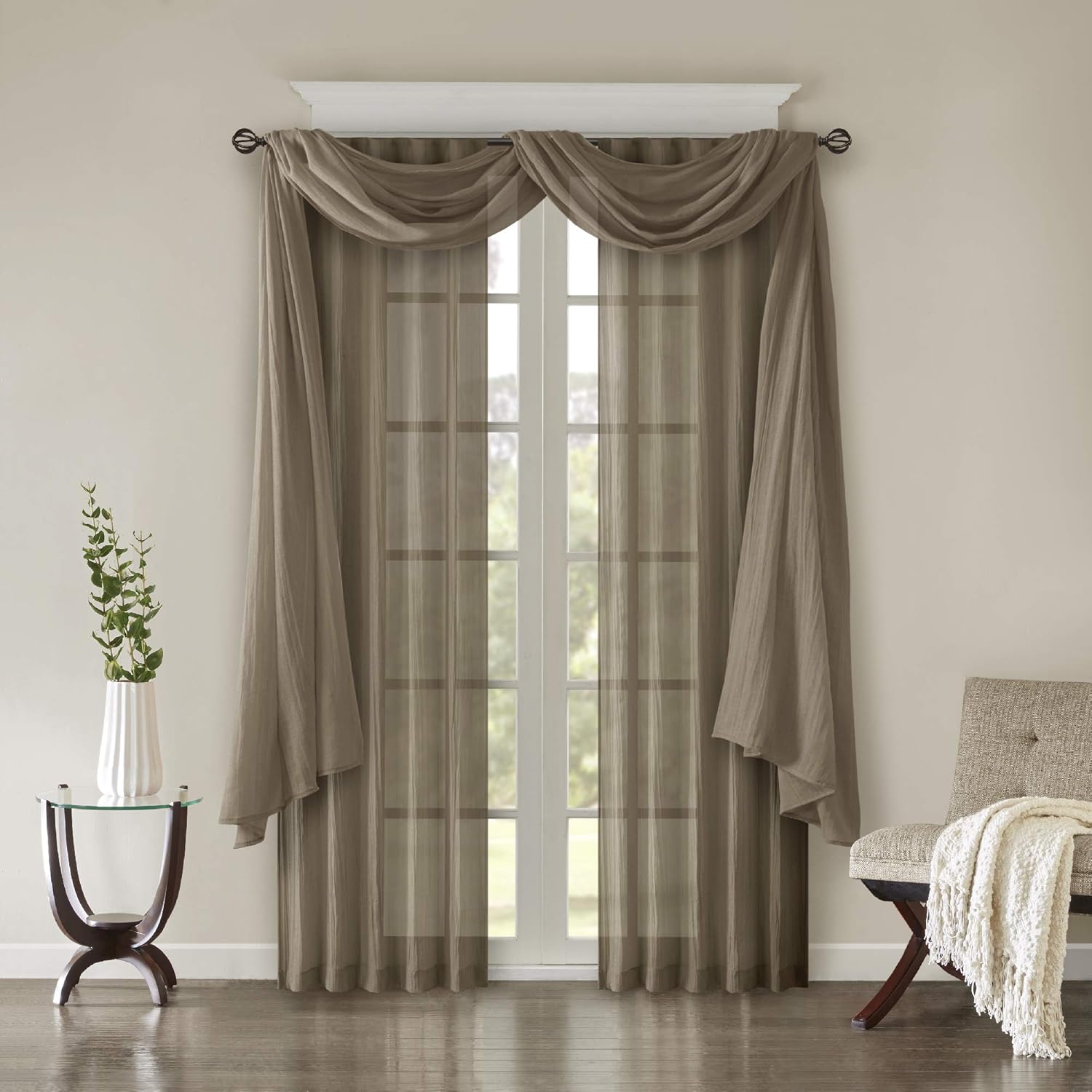Madison Park Harper Sheer Bedroom, Modern Contemporary Window Curtain for Kitchen, Solid Fabric Panels, 42" x 216", Taupe: Home & Kitchen