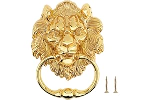 HOJLKLD 6 Inch Lion Head Knocker, 2 Pack Classical Decorative Front Door Knocker Pull Handle with Mounting Screws (2, Gold)