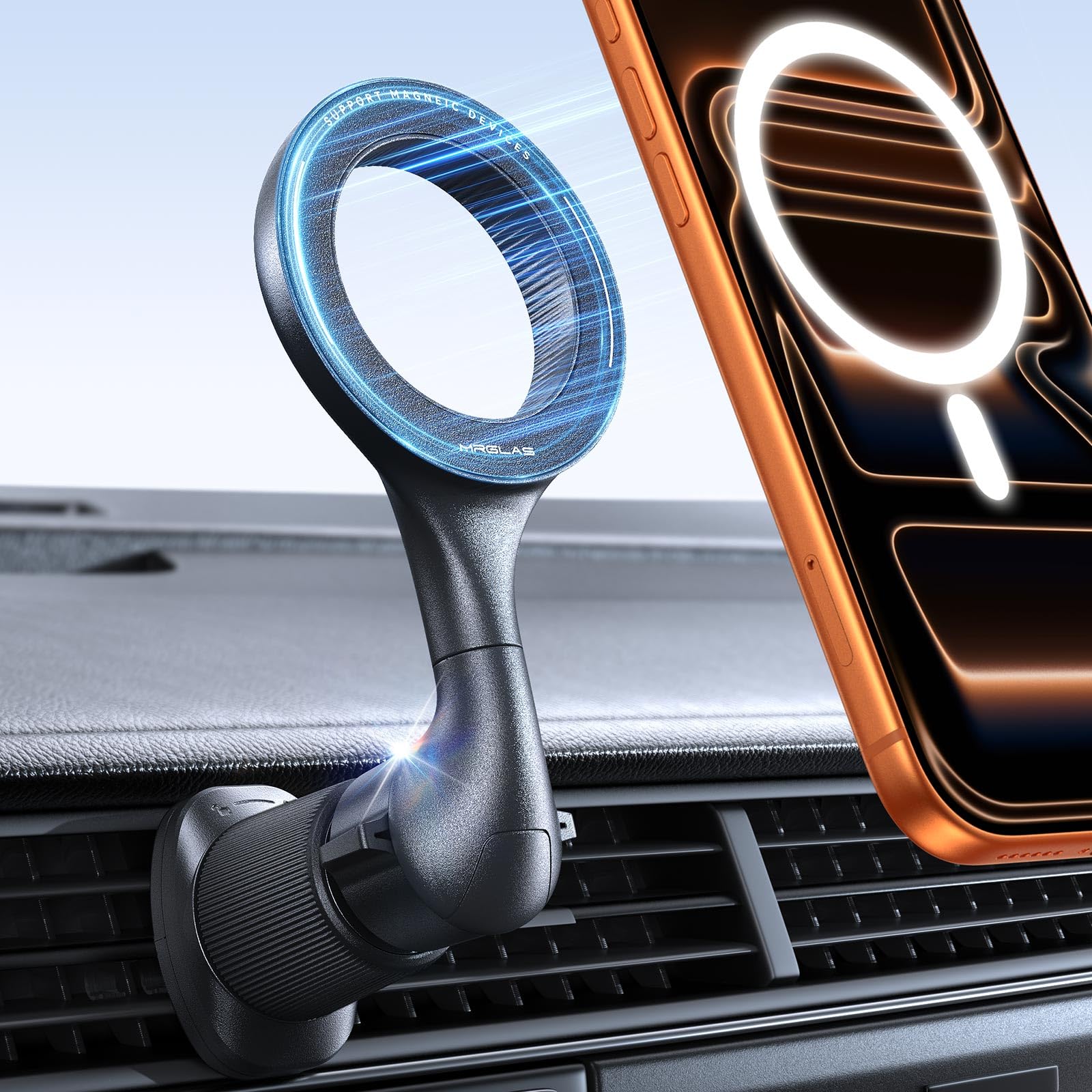 MRGLAS for MagSafe Car Mount [Upgraded 40 Strong Magnets] [360° Rotation] Air Vent Magnetic Phone Holder [Double Metal Hook] Car Phone Holder Mount Compatible iPhone 17 16 15 Pro Max S26 Ultra S25