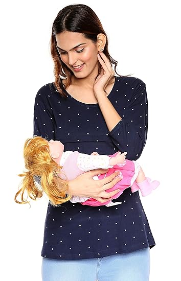 Womens Cotton Nightwear Navy Blue & Orchid Geometric Print Feeding Tops for Women