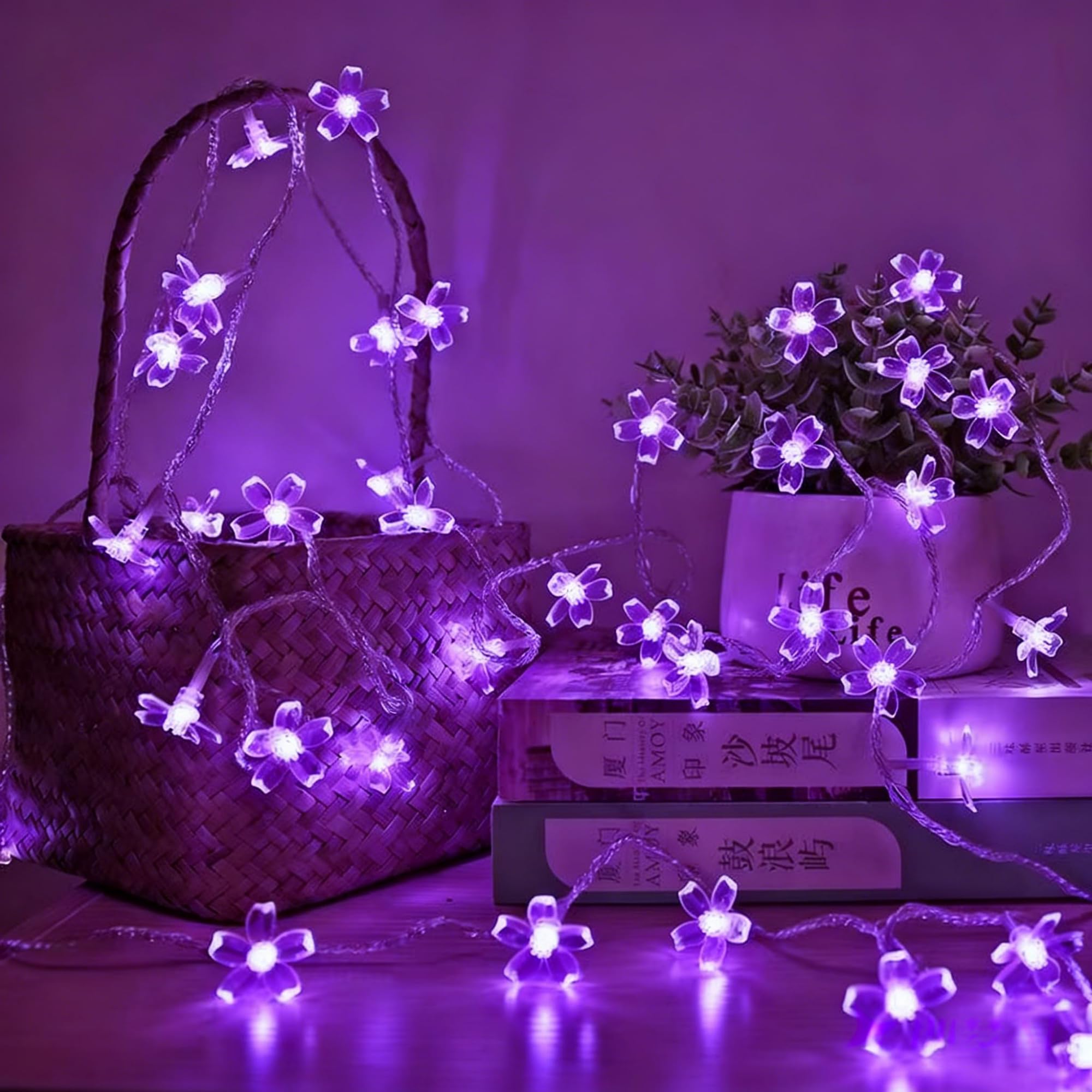 Photo 1 of Flower Battery Operated String Lights Cherry Blossom Fairy Lights 30LED Indoor Outdoor Waterproof for Garden Decoration Camping,Fence,Birthday,Wedding Party,Bedroom,Gfit (Purple)