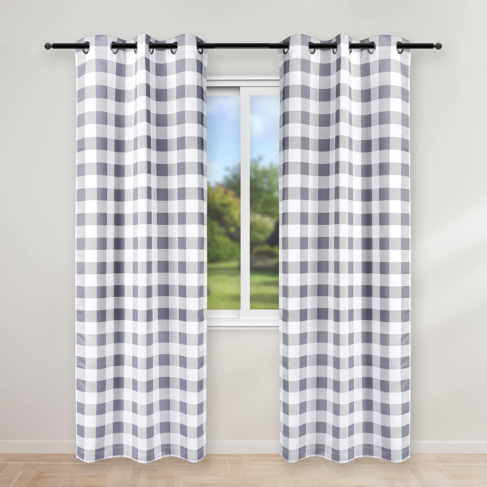 Simple Deluxe Buffalo Check Blackout Curtains Panels for Living Room, Bedroom Farmhouse Courtyard Style Room Darkening Thermal Insulated Plaid Grommet Curtain, 37" W x 84" L, White and Gray — image 1