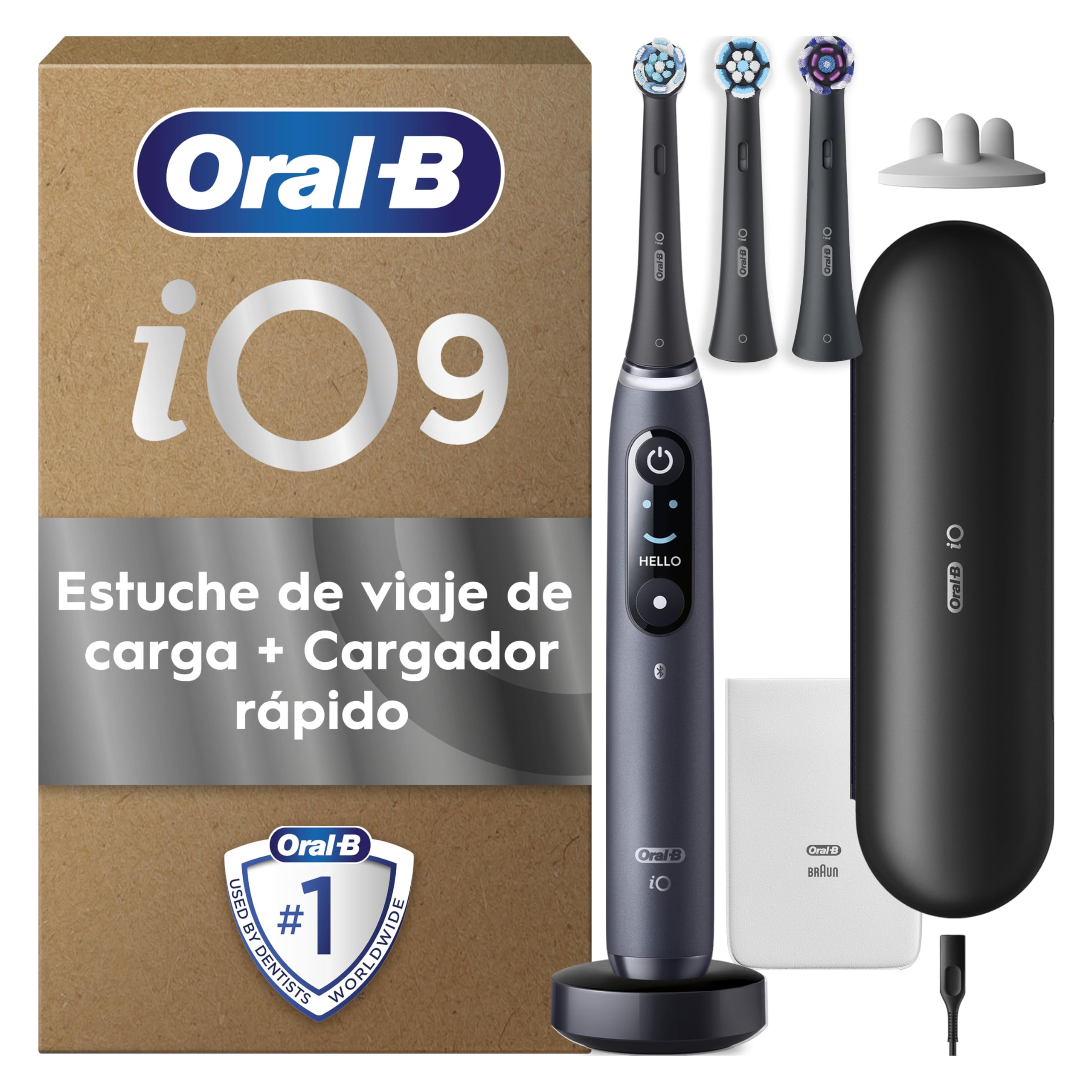 Oral-B iO 9 Cepillo De Dientes Eléctrico Negro, 3 Cabezales, 1 Estuche Cargador De Viaje, 7 Modos De Cepillado Con Blanqueamiento Dental, Sensor De Presión, Diseñado Por Braun