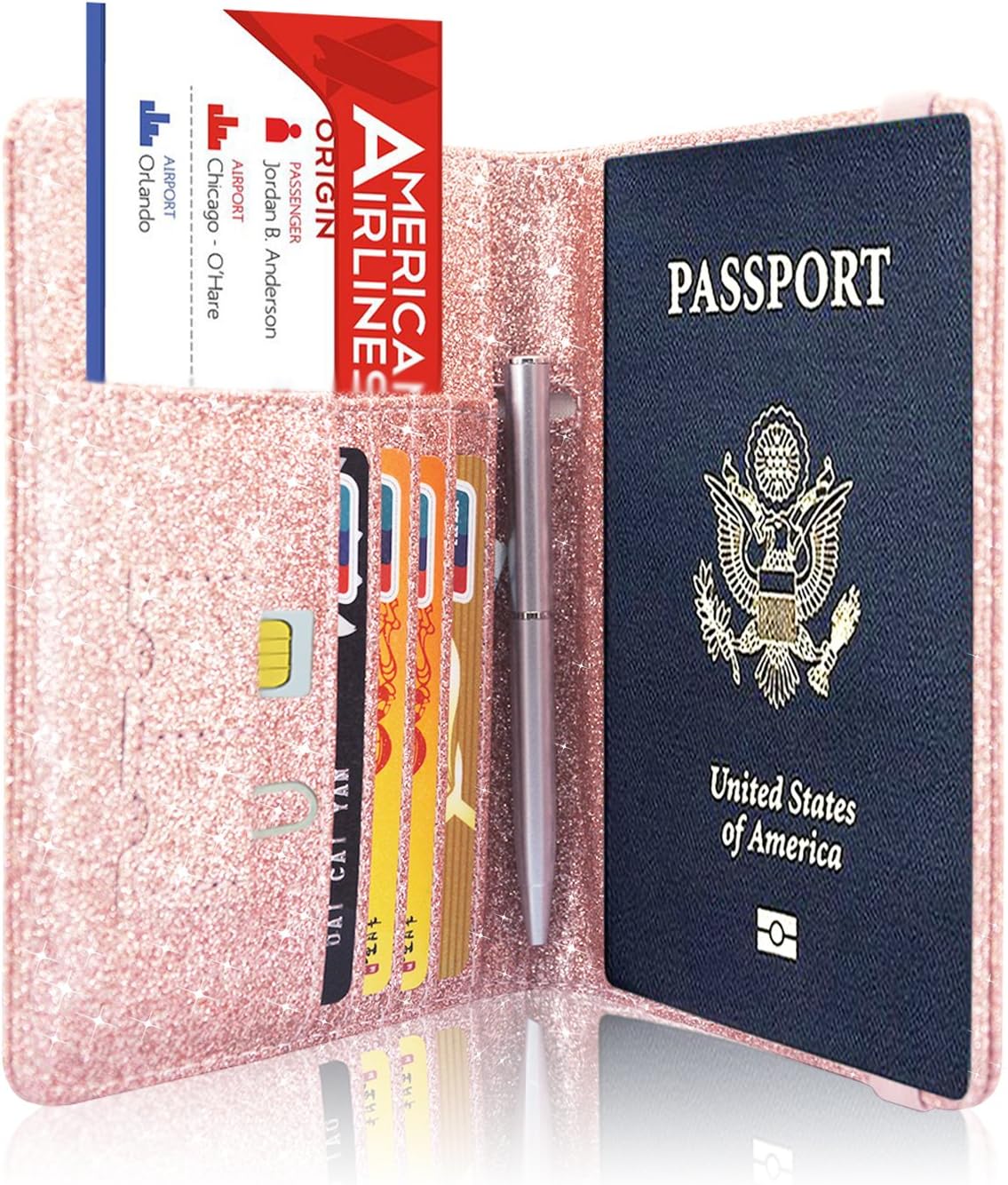  | Passport Holder Cover, ACdream Travel Leather RFID Blocking Case Wallet for Passport with Elastic Band Closure, Rose Gold Glitter | Passport Covers