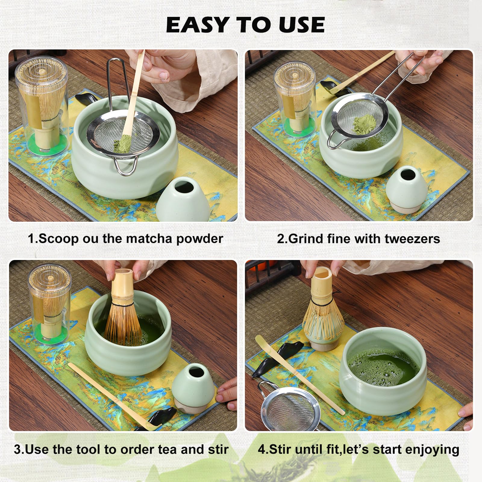 Matcha Set, Matcha Tee Set, 7er-Pack, erhältlich mit Matcha Schale, Schneebesen, Besenhalter, Teelöffel, Teelöffelhalter, MatchaSieb, Geschirrtuch, Geschenkbox für Teezeremonie, handgefertigtes Matcha 4