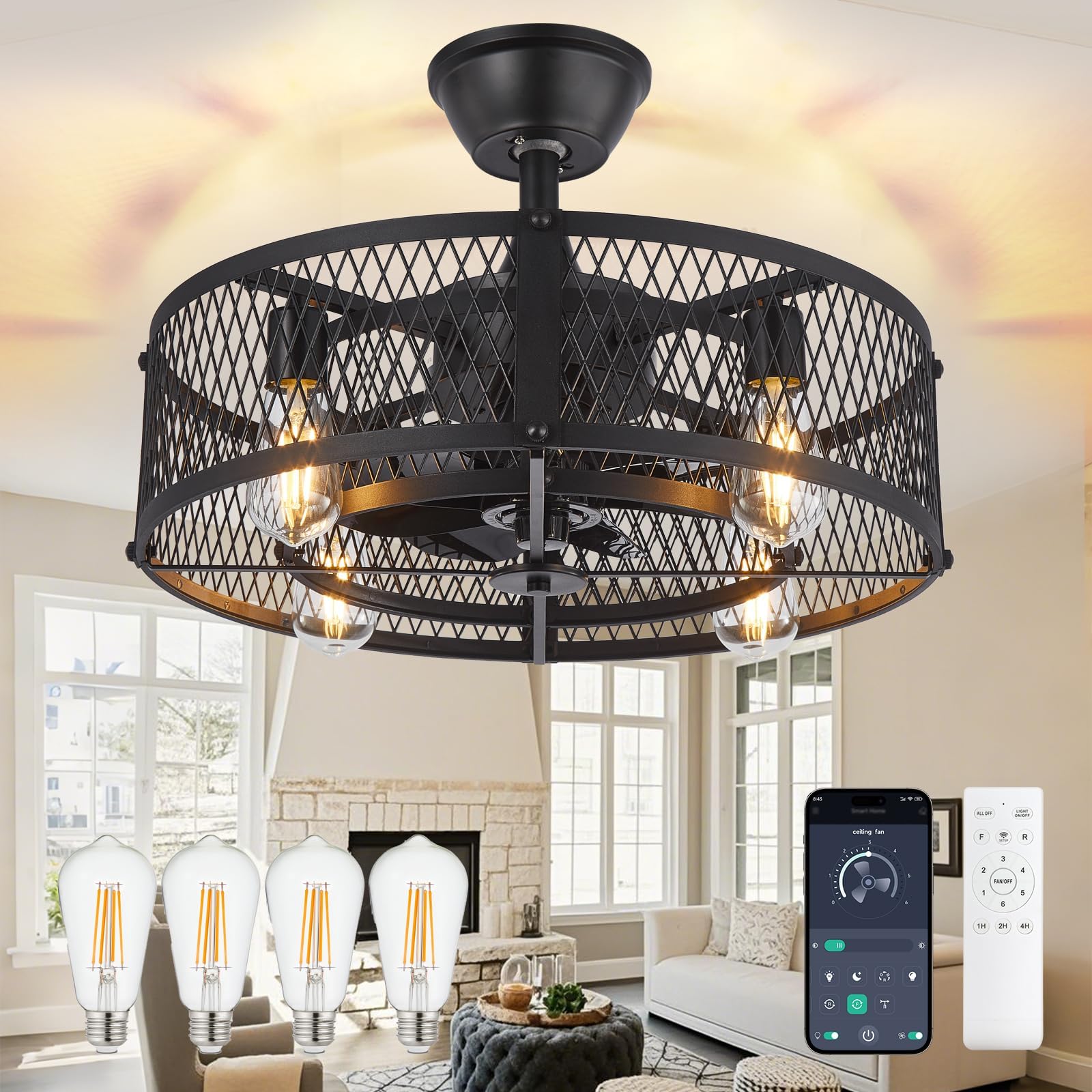 Photo 1 of DLLT Caged Ceiling Fan with Light: 20" Farmhouse Fandelier with Light and Remote - Black Rustic Chandelier with Fan for Bedroon Kitchen Living Dining Room