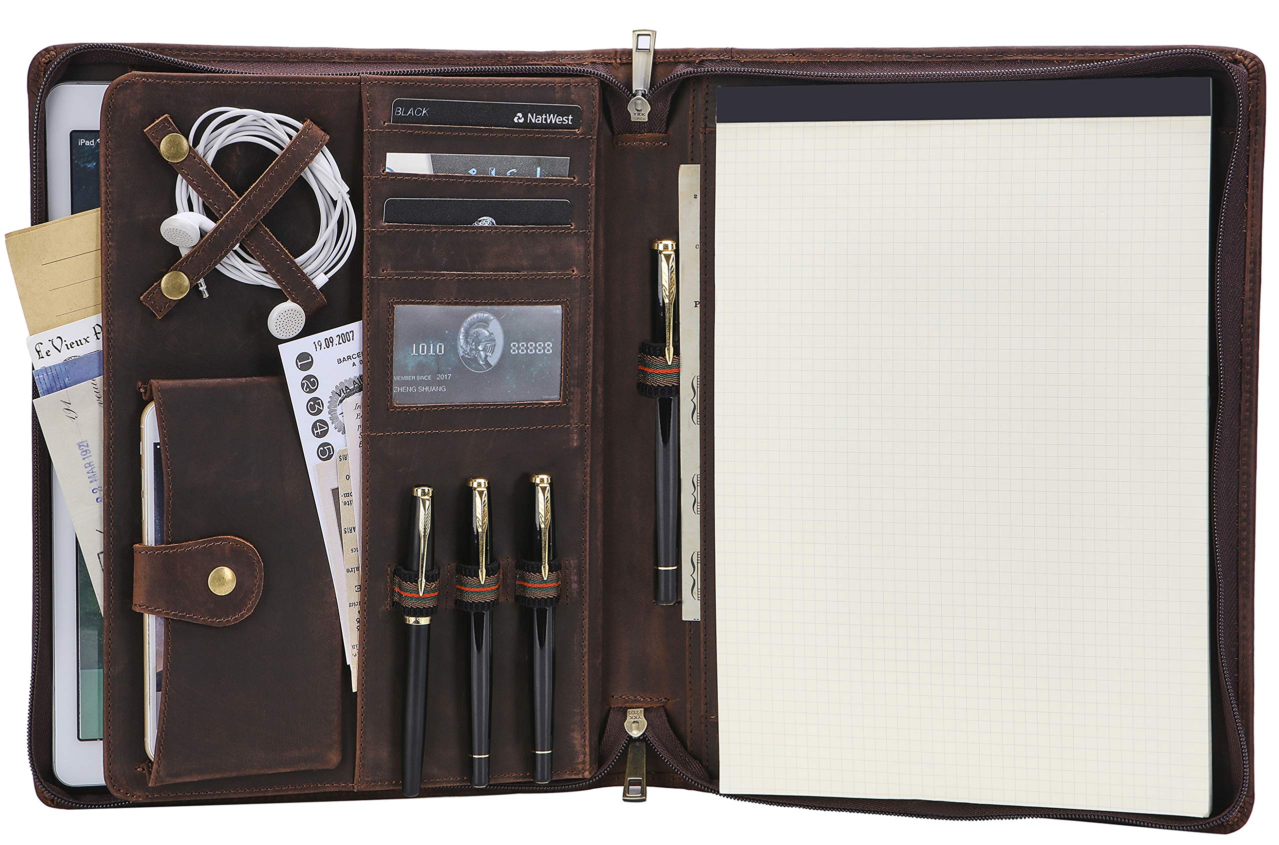 Leather Portfolio Folder, A4 Conference Folder Organizer, Business Portfolio for Resume/Interview/Documents, A4 Portfolio Case with Zipper, Gift for Men&Women, Dark Brown, non-Custom