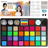 Professional Face Paint For Halloween Cosplay Parties School Event Stage Carnival,Large Capacity 39 Colors Non Toxic Water Based Face paint Kit,Face Painting Kit for Kids With 8 Fluorescent Color