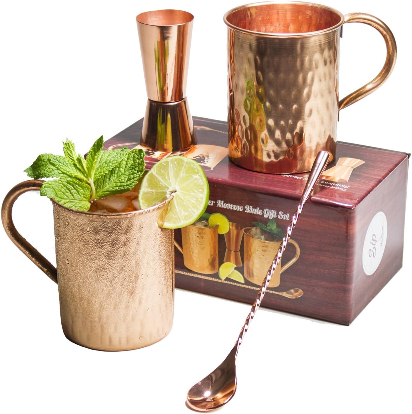 Aarrt Copper Mug With Peg Measure And Bar Spoon - 2 Pieces, Golden, 500 ml