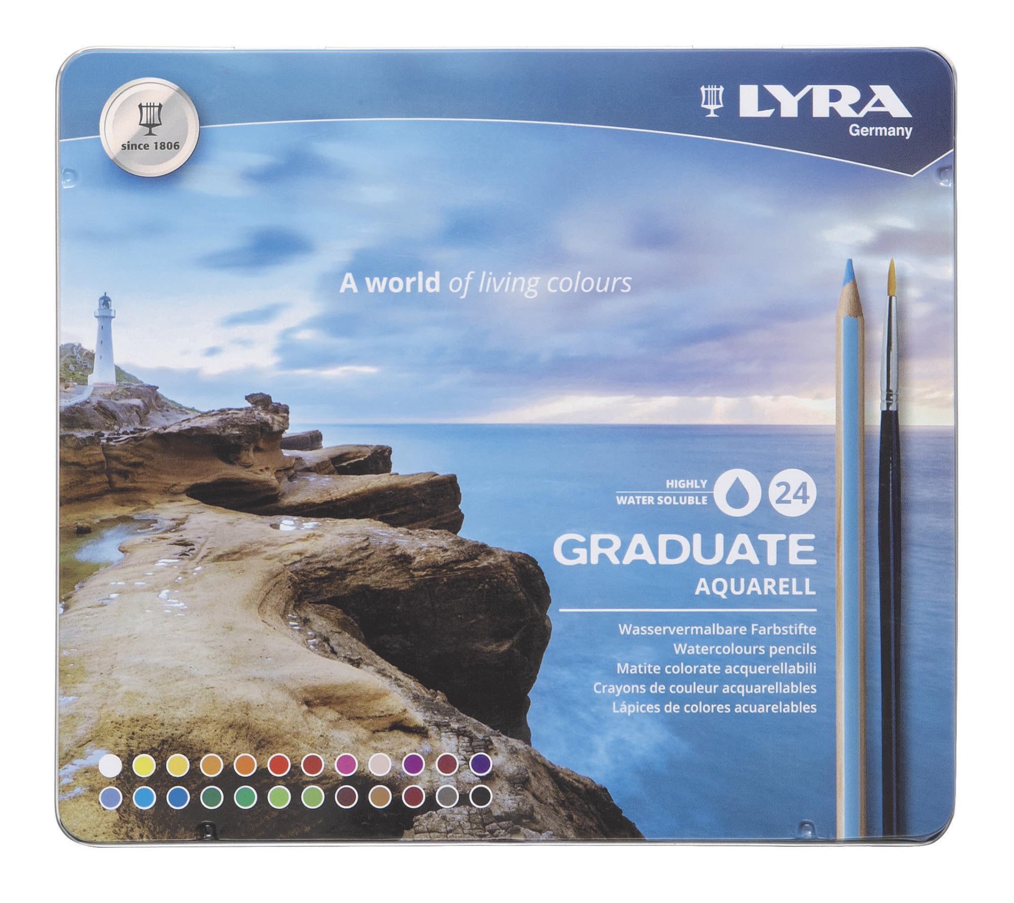 LYRA Graduate Watersoluble Colouring Pencils, Hexagonal, 3.3mm lead, 24 Assorted colours, For Student Artists & Hobbyists
