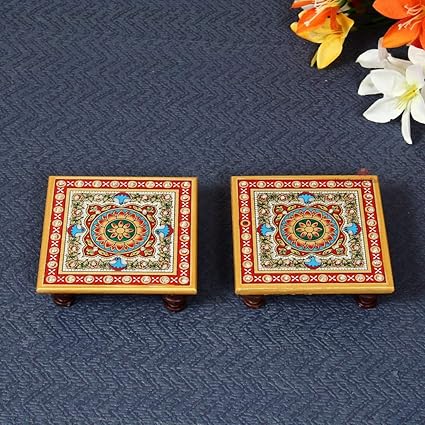 Handicrafts Paradise Intricate Floral Painted Marble Chowki (10.2 cm x 10.2 cm x 2.55 cm, Set of 2)