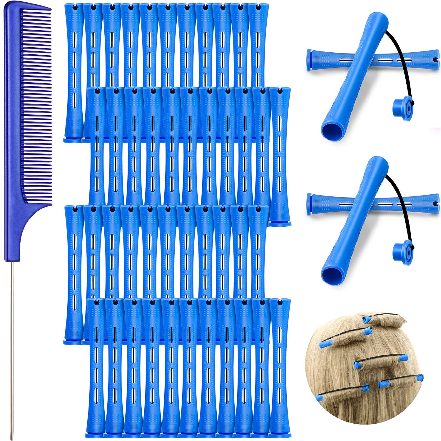 WILLBOND 48 Blue Plastic Cold Wave Rods, 0.35 Inch/1 cm Hair Perm Rods Curlers with Steel Rat Tail Comb