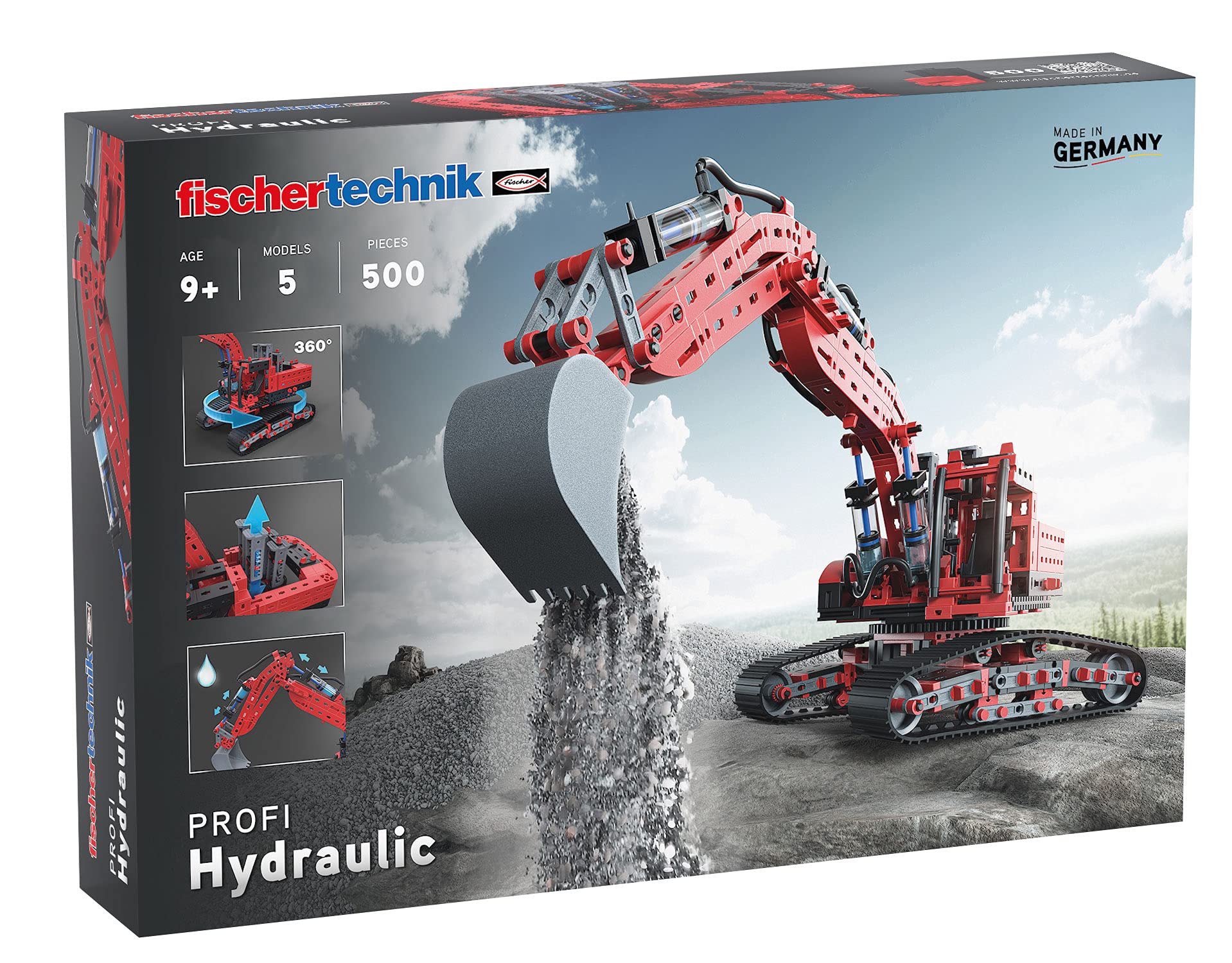 fischertechnik 548888 Hydraulic Toy Digger for Children with Realistic Hydraulic Function and Excavator Shovel, 5 Models, Shovel Excavator, Piste Caterpillar & Test Models, Construction Toy