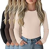 LessonZoo 4 Pack Girls Long Sleeve Shirts Ribbed Knit Cotton Crewneck Tops Slim Fit Soft Casual Kids Base Layer Undershirts