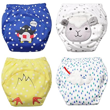 Flyish Packungen mit 4 Baby Waschbar Töpfchen Hose Wiederverwendbare Trainingsunterwäsche Absorbent Training Unterwäsche Kleinkinder Trainingshose Baumwolle und niedlichen Tier Mustergröße 1-5 Jahre