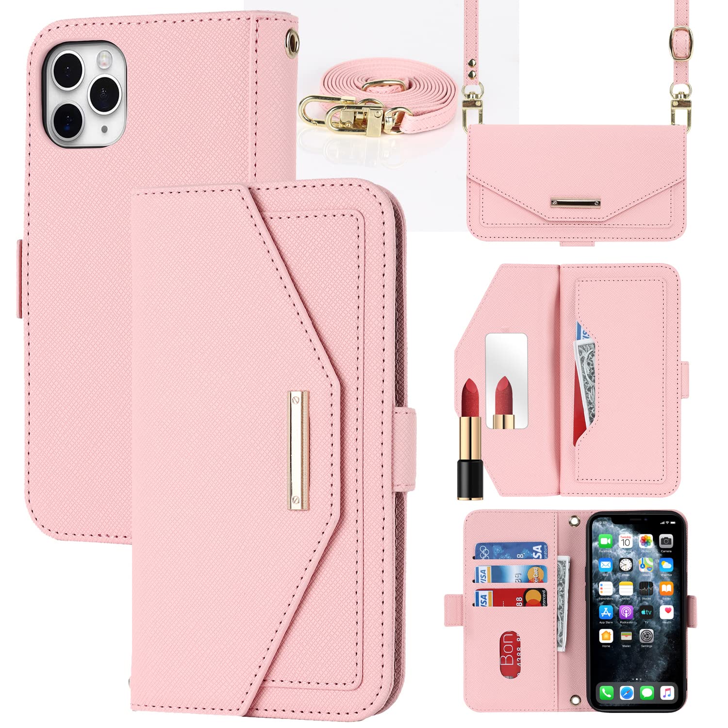 Cavor Case compatible with iPhone 11 Pro Max Phone Case With Strap,Crossbody Flip Leather Wallet Case,[5 Card Holder][Mirror][Magnetic],Lanyard Case Cover for women - Pink