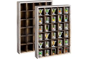 LEIFEOSH 2 Pcs Shot Glass Display Case, Retro Wooden Shot Glass Shelf with Removable Shelves, Wall Mounted Shadow Box Thimble Display Case, 30 Slots