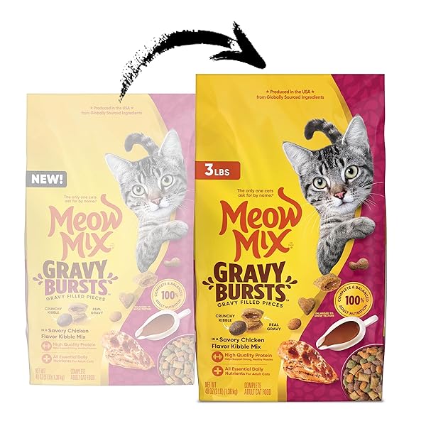 MEOW MIX GRAVY BURSTS, SAVORY CHICKEN FLAVOR MIX, GRAVY FILLED DRY CAT FOOD, 3 LB. BAG