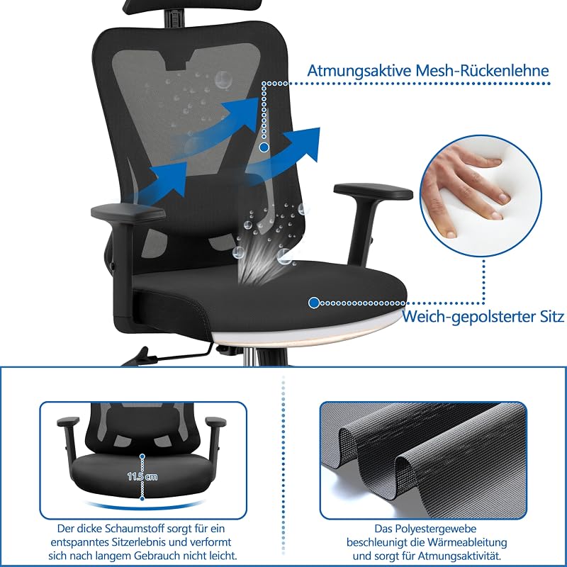 Bürostuhl ergonomischer schreibtischstuhl mit Verstellbarer Kopfstütze & Lendenwirbelstütze, atmungsaktiver Netzstuhl mit breitem Sitz, S-förmige Rückenlehne, 360° drehbar Schwarz