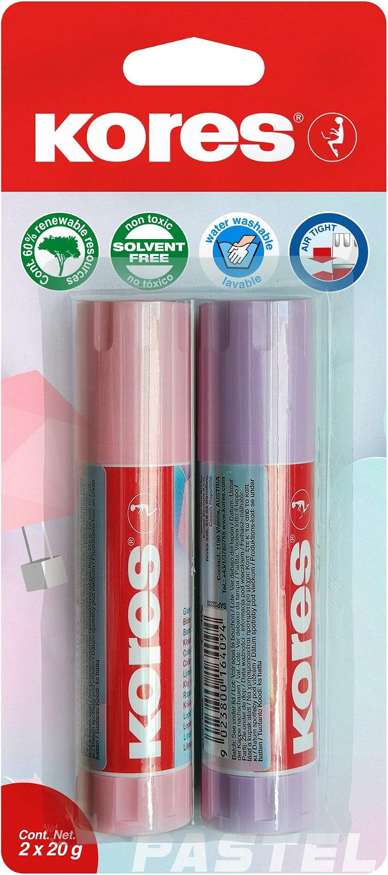 Kores Pastel Glue Sticks Strong Hold 2 x 20g Non-Toxic White