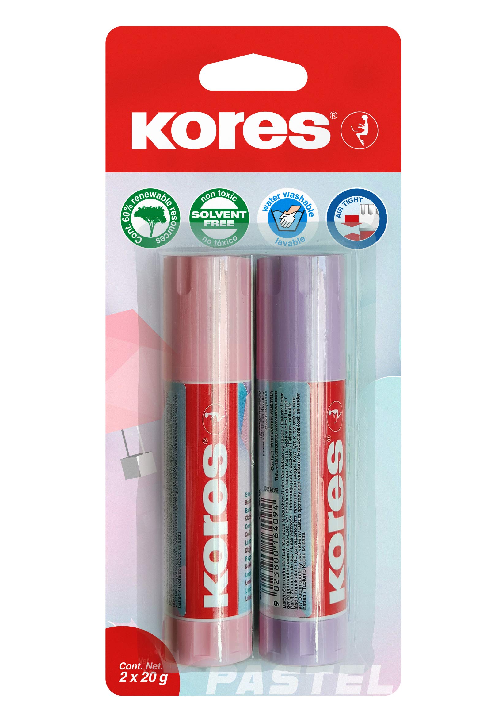 Kores - Pastel Glue Stick, Strong-Hold Adhesive, Safe and Non-Toxic Craft Glue School and Office Supplies, Pack of 2 x 20g,White