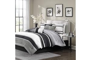 Madison Park Blaire Cozy Comforter Set-Luxurious Faux Silk Traditional Pieced Design All Season Down Alternative Bedding with Matching Shams, Decorative Pillow, Queen (90 in x 90 in), Grey 7 Piece