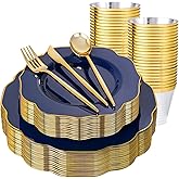 bUCLA 180PCS Blue Plastic Plates - Navy Blue and Gold Rim Disposable Include 30 Each (Dinner & Dessert) Plates, 30 Knives, 30 Forks, 30 Spoons and 30 Cups, Ideal for Party, Gathering and Hanukkah