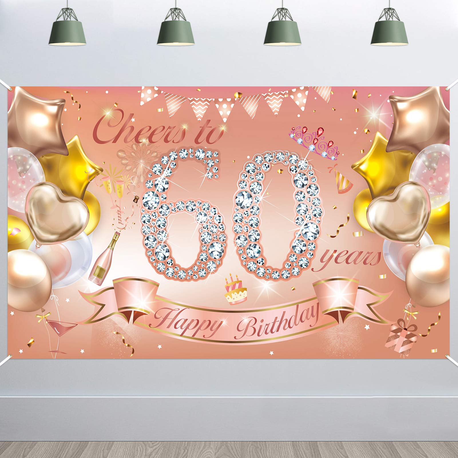 HOWAF Woman 60th Birthday Party Decoration Rose Gold, Fabric Backdrop Banner for Woman 60th Birthday Outdoor Garden Table Wall Decoration Supplies