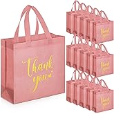 Sweetude 30 Pcs Thank You Gift Bags with Handles Bulk Reusable Goodie Bag Non Woven Foldable Handbag for Christmas Wedding Bridesmaid Gifts(11 x 12 x 5 Inch,Leather Pink)