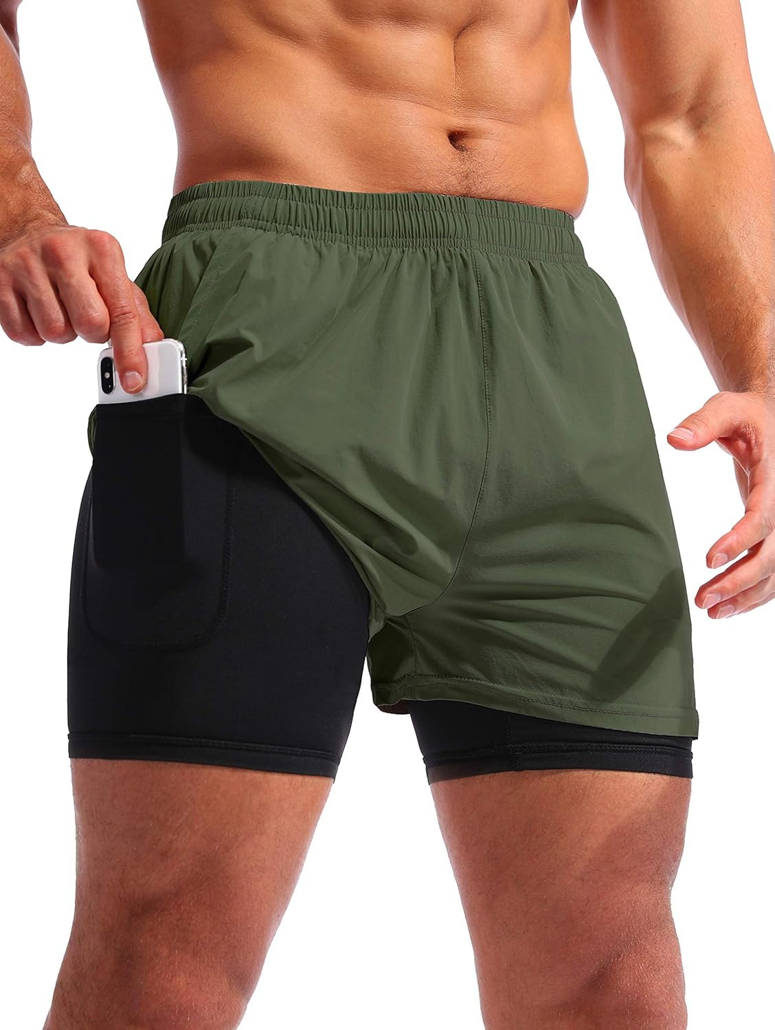 Pudolla Men’s 2 in 1 Running Shorts 5" Quick Dry Gym Athletic Workout Shorts for Men with Phone Pockets: Clothing