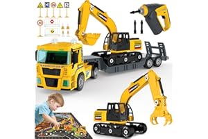 MOBIUS TOYS 188 PCs Take Apart Excavator and Flatbed Tractor Truck Construction Toys - DIY Building Vehicle Playset Toy w/Drill, Lights & Sounds for Kids, Boys and Girls Ages 5 6 7 8 Years Old