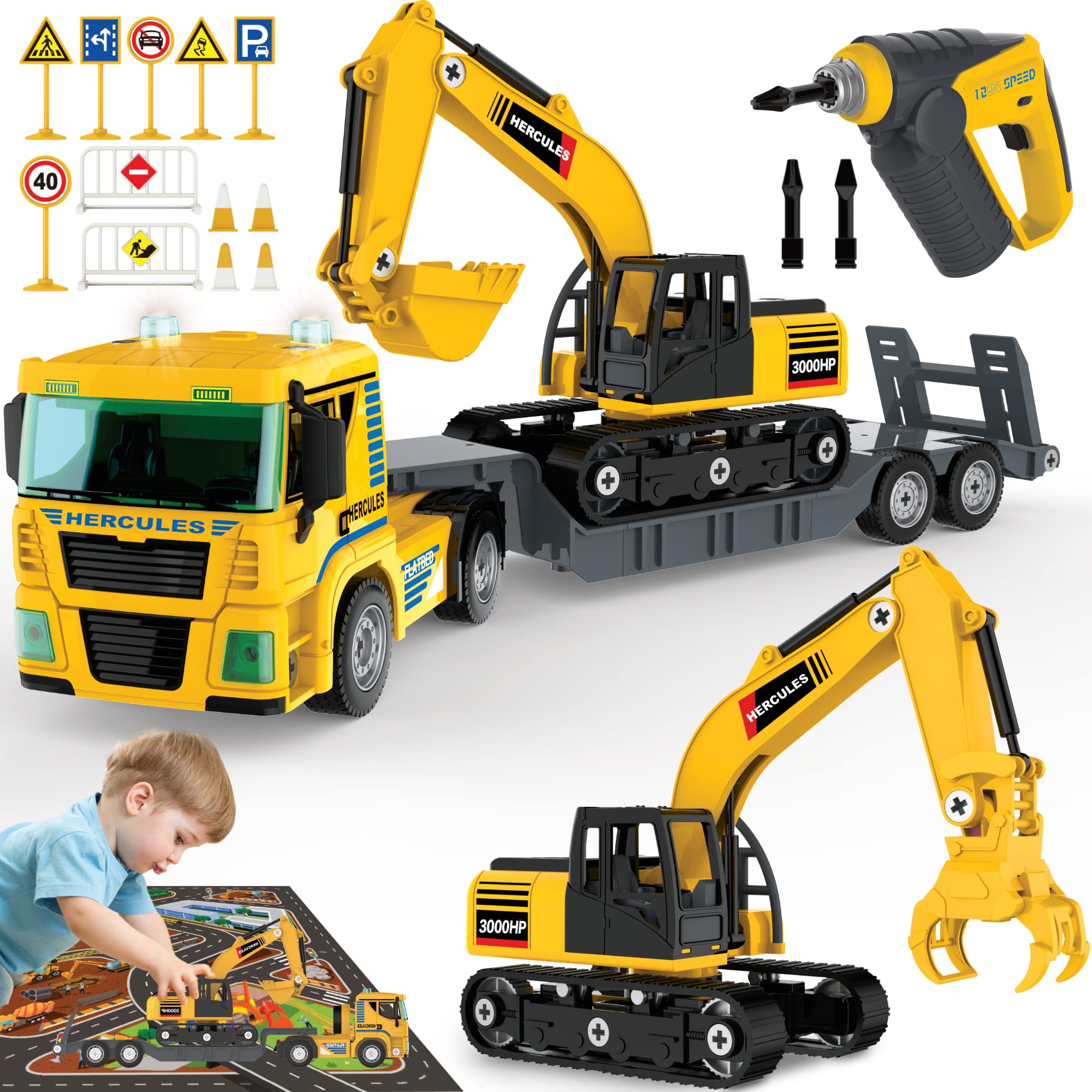 188 PCs Take Apart Excavator and Flatbed Tractor Truck Construction Toys - DIY Building Vehicle Playset Toy w/Drill, Lights & Sounds for Kids, Boys and Girls Ages 5 6 7 8 Years Old