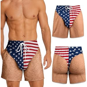 Custom Funny Patriotic Men Swim Trunks Shorts, 3D Hairy Briefs Graphic Swim Trunks, Patriotic Beach Shorts for Men