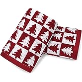 Jacquotha Red Christmas Hand Towels for Bathroom - 2-Piece Checkered & Xmas Tree Kitchen Towels, Festive Decor and Everyday Use, Cotton, 13” x 29”