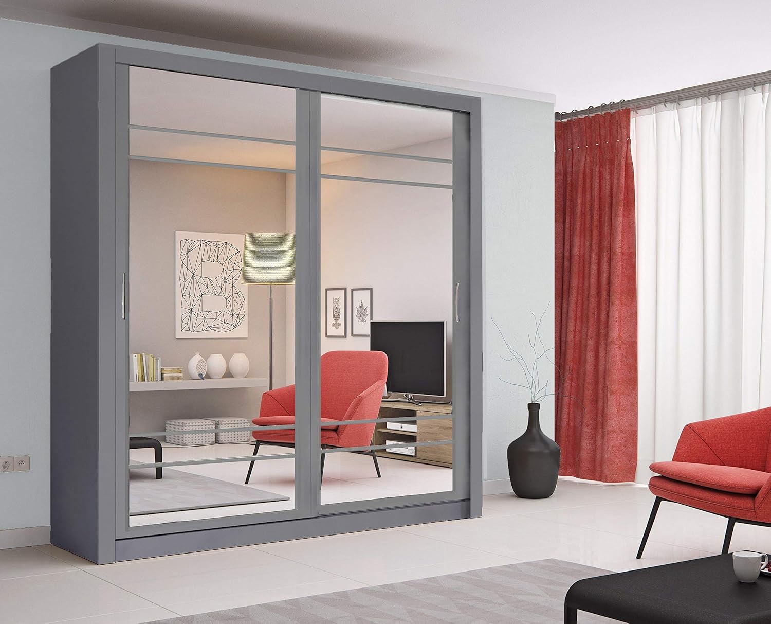 Modern Bedroom Mirror Sliding Door Wardrobe Arti 8 in Grey Matt 203cm