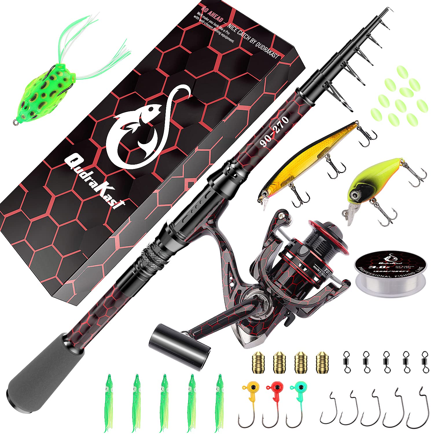 Fishing Rod and Reel Combos, Unique Design With X-Warping Painting, Carbon Fiber Telescopic Fishing Rod with Reel Combo Kit with Tackle Box, Best gift for Fishing Beginner and Angler (270-Red)