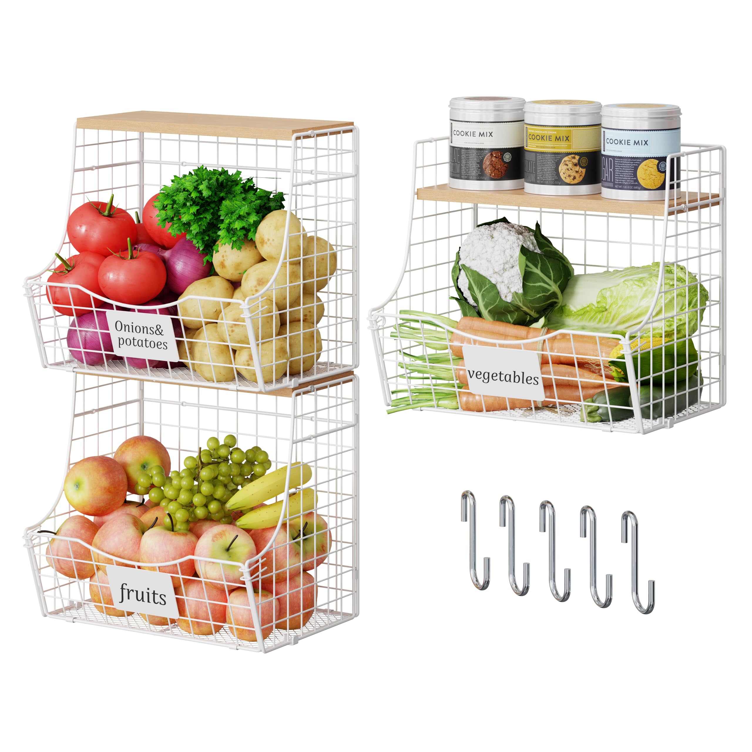 View 1 of 3 Pack Hanging Fruit Basket for Kitchen with Wood Lid - Onion and Potato Storage Fruit Bowl with Nameplate for Counter&Wall Mounted, Stackable Storage Basket, Metal Hanging Wire Baskets White