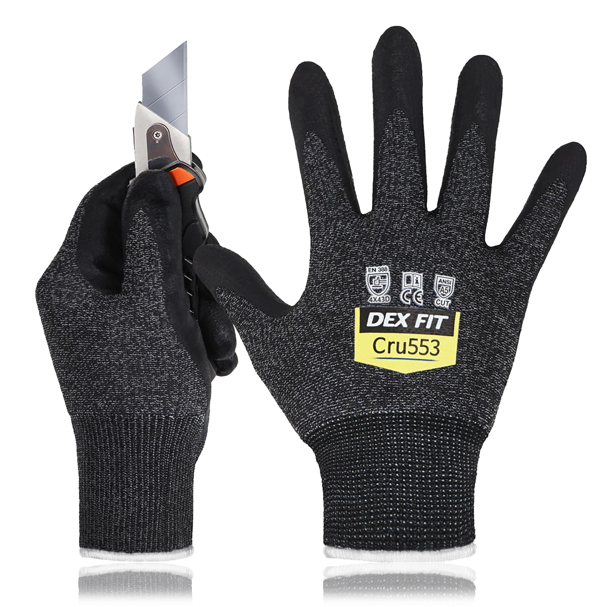 DEX FIT Level 5 Cut Resistant Gloves Cru553, 3D-Comfort Stretchy Fit, Power Grip, Professional Grade, Thin, Touch-Screen Compatible, Durable, Machine Washable; Black Grey S (8) 3 Pairs