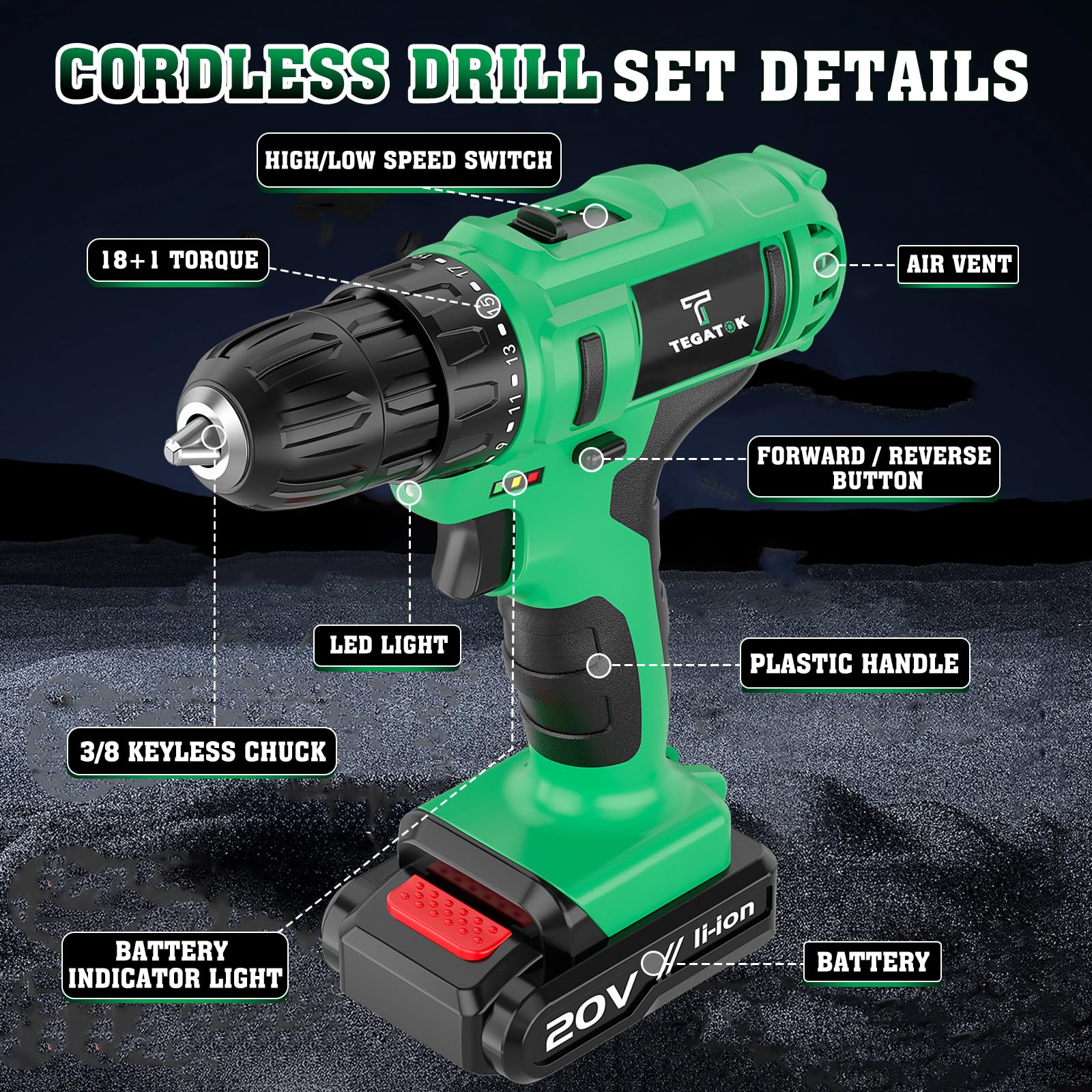 Cordless Drill Set, 3/8 Drill Handheld Screwdriver Kit with 18+1 Torque Setting, 20V Electric Drills Tools Bit, LED Electric Power Drills with Battery and Charger, 1 Battery