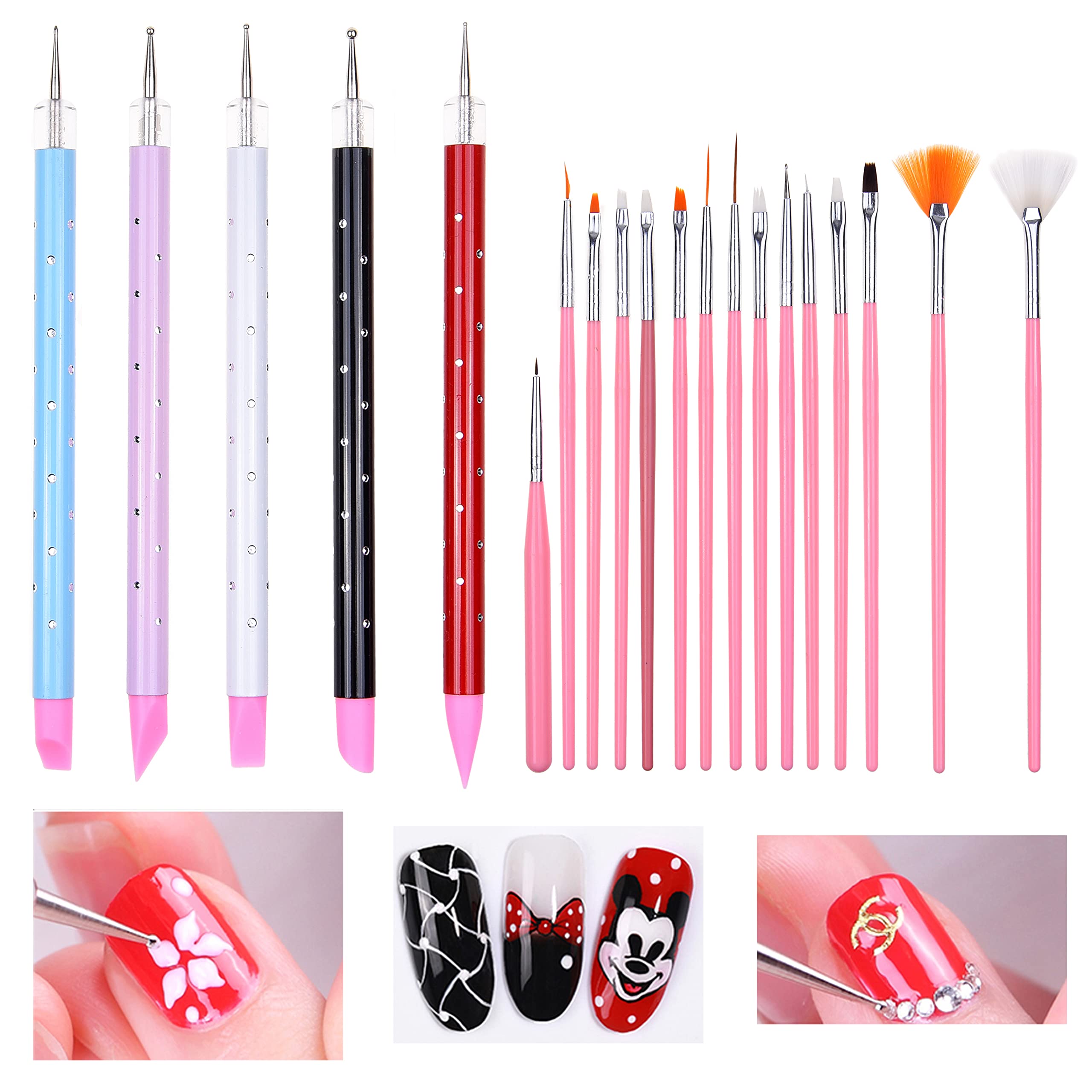 Kare & Kind 20pc Nail Art Accessories - 15x Brushes, 5x Dual-Tip Pens (Silicone & Metal) - DIY, Salon, Crafting & Cake Decorating