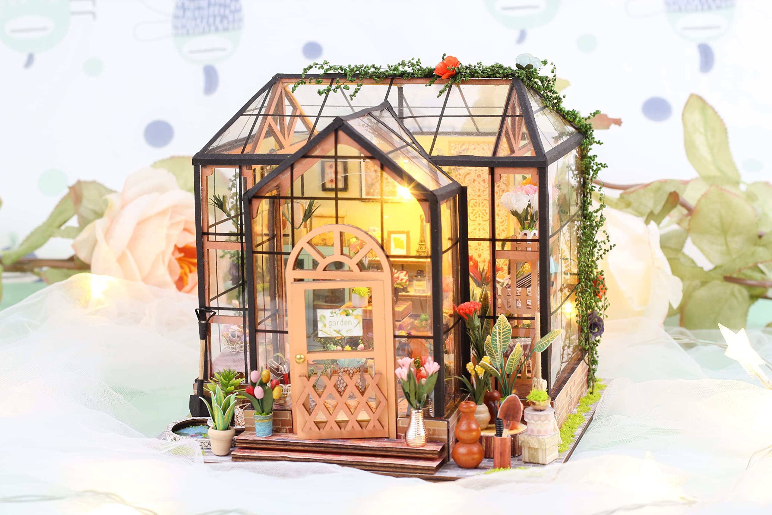 GuDoQi DIY Miniature Dollhouse Kit, Tiny House with Furniture, 1:24 Scale, Handmade Gift for Birthday Easter Day, Jenny Greenhouse Flower Shop