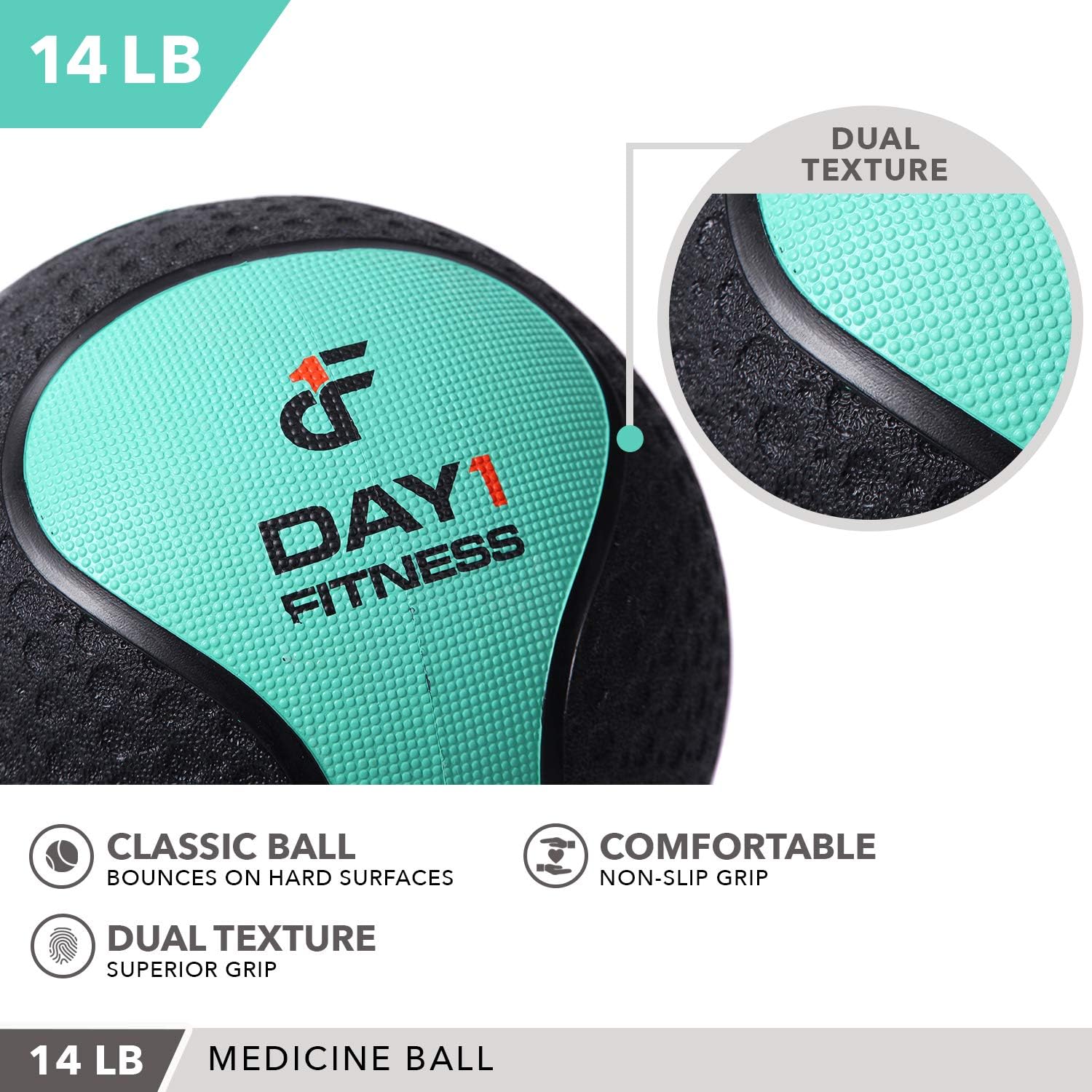 Medicine Exercise Ball with Dual Texture for Superior Grip by Day 1 Fitness - 14 Pounds - Fitness Balls for Plyometrics, Workouts - Improves Balance, Flexibility, Coordination : Sports & Outdoors