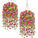 Dremisland Artificial Hanging Flowers Plants Basket for Outdoors Decoration, 2PCS Multicolored Faux Silk Flower DIY Chain Hanging Basket Daisy Fake Flowers with Pot for Porch Garden Patio Decor