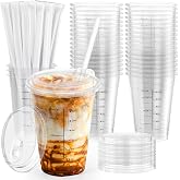 100 Pack - 16 oz Ratio Lines Iced Coffee Cups with Lids and Straws | Clear Plastic Coffee Cups for Homemade Cold Brew, Smoothies, Juice &amp; More, Measurement Lines for Consistent Drinks