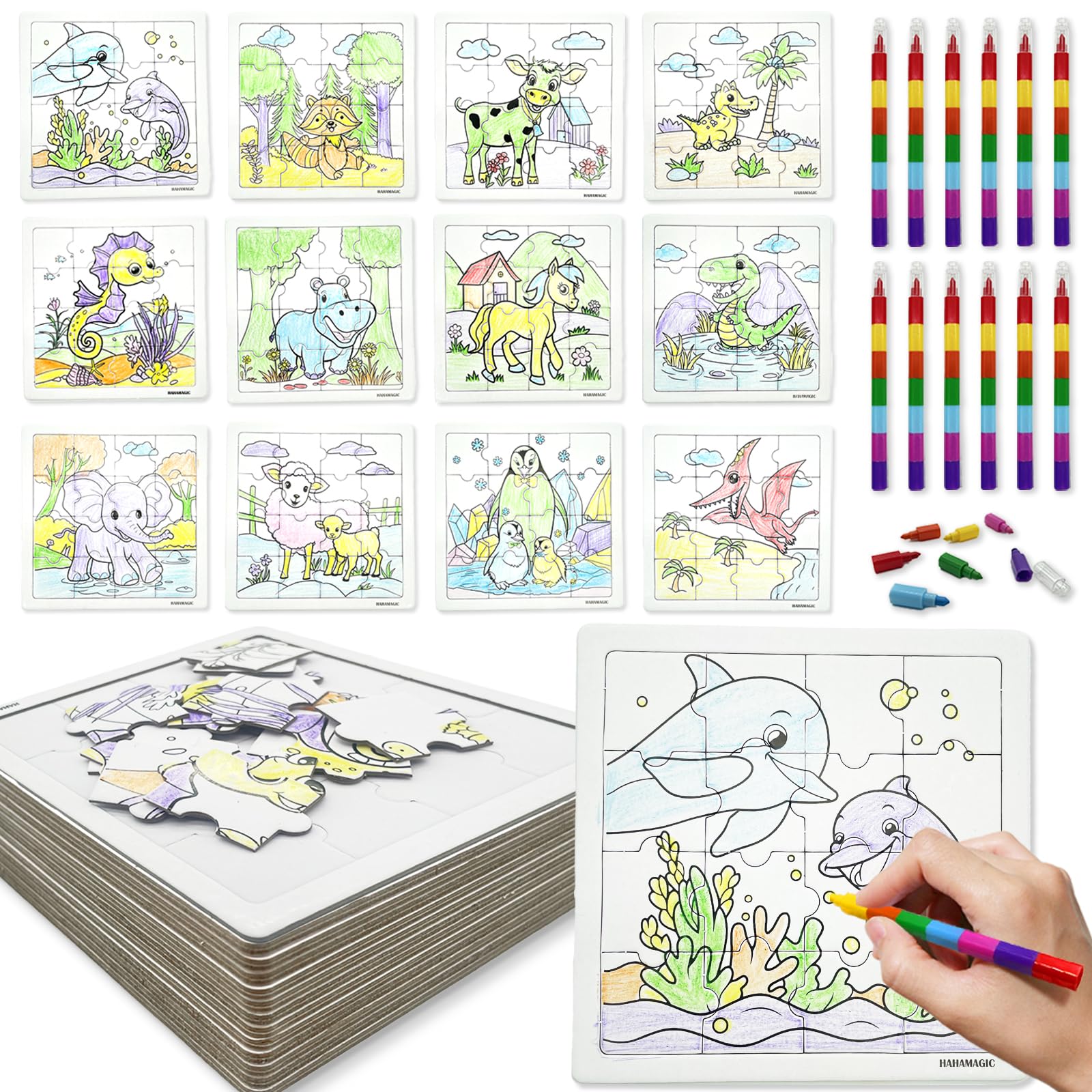 HahaMagic, 12PCS Kid Jigsaw Puzzles to Draw on, with 12 Stackable Crayons (7 Colors in one), Suitable as fidgets for Classroom to Colour Your own Puzzles, Kid Party Favors and Carnival prizes