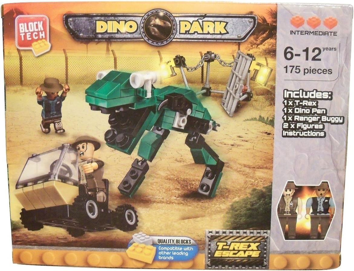 Block Tech Dino Park T-Rex Escape 175 Piece Building Set ~ Intermediate Level (Builds T-Rex, Dino Pen, Ranger Buggy, 2 Figures; Compatible with Other Leading Brands; Ages 6-12)