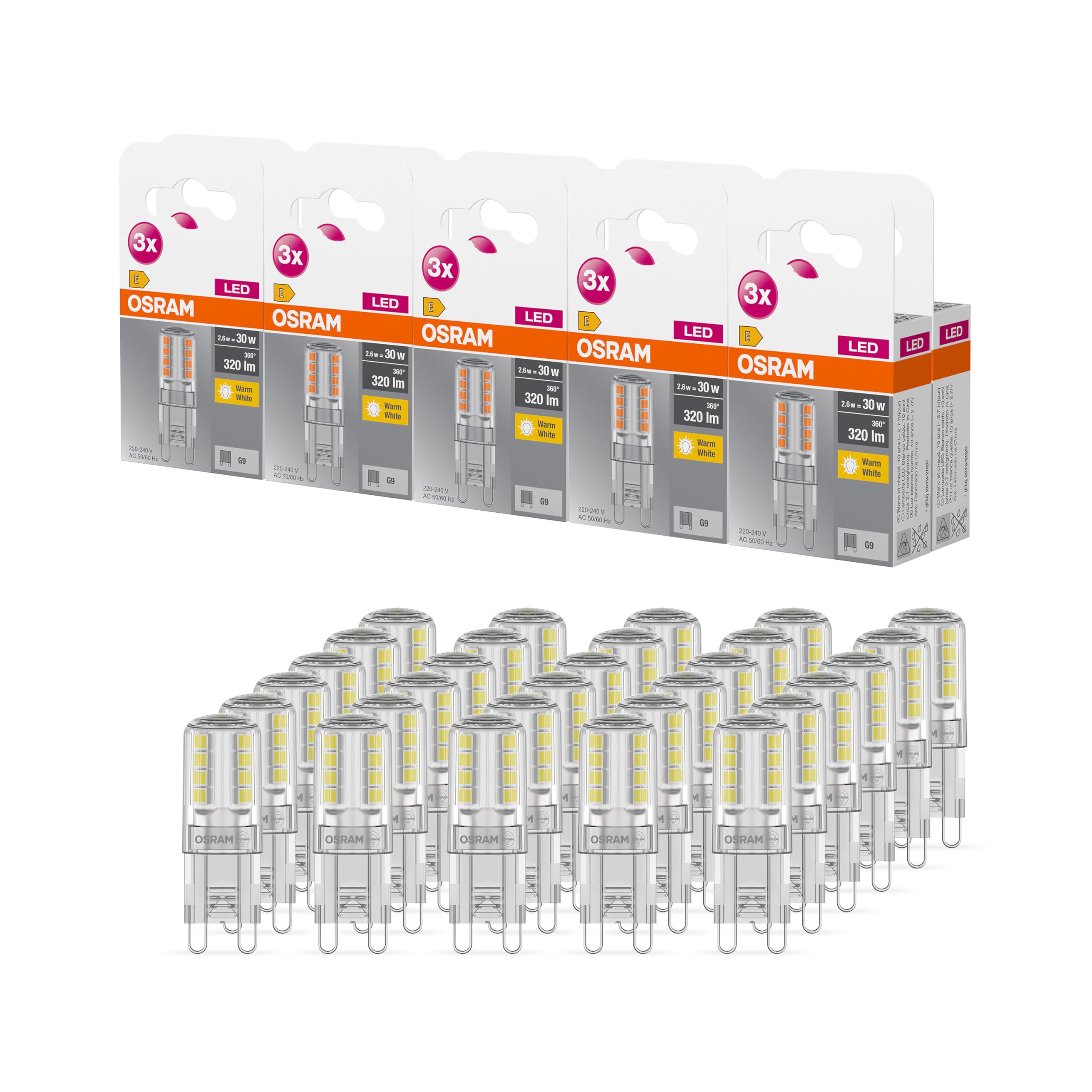 Osram Base LED Light Pin, Pin Lamp with G9 Base, 2.60 W, for 30 W Bulb, Warm White (2700 K), Pack of 10