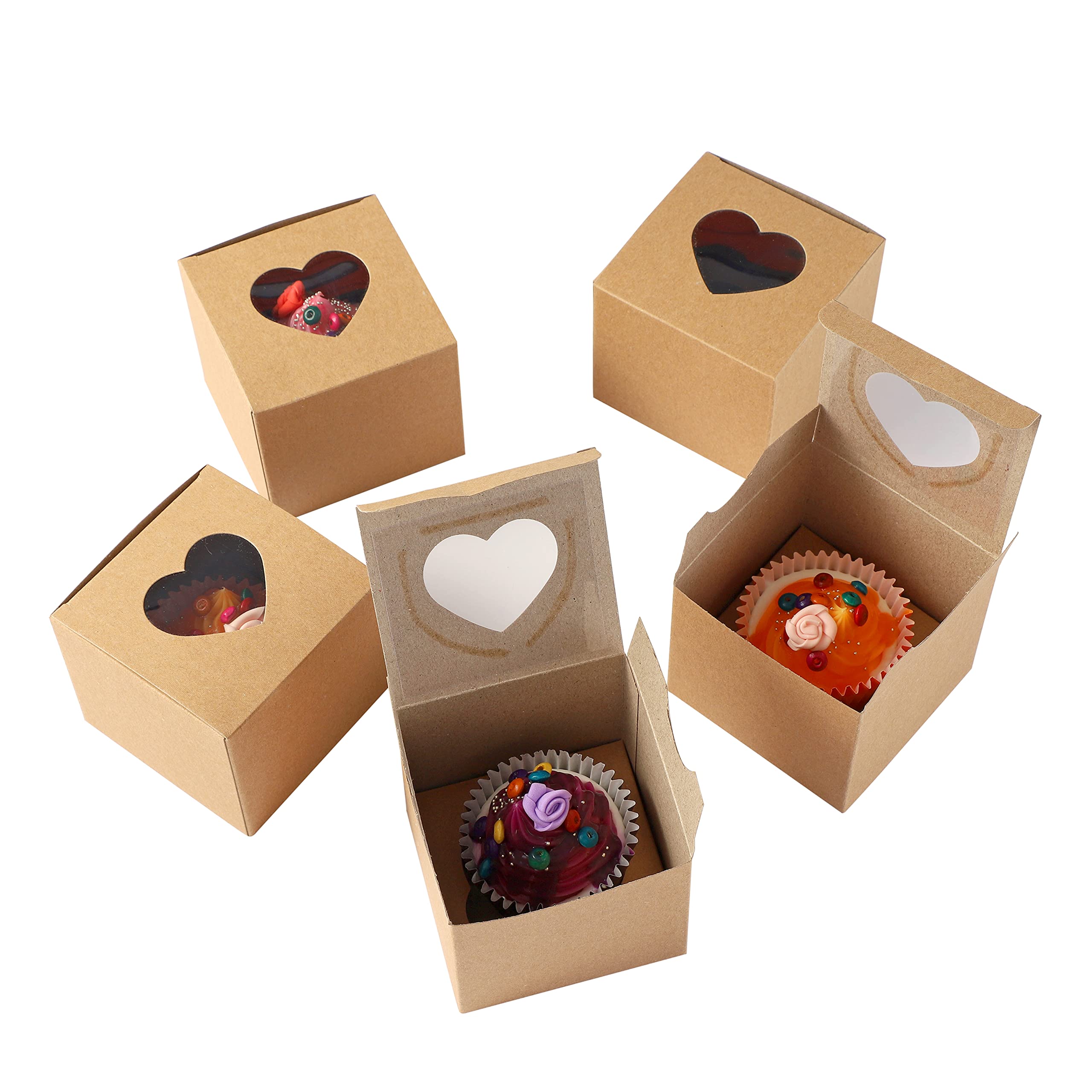 Komonee 12 x Cupcake Boxes Individual Heart Shape Kraft Brown Clear Window Single Fairy Cup Cake Cardboard Packaging Box Baking Kids Muffins Cookies Brownies Christmas Bake Weddings