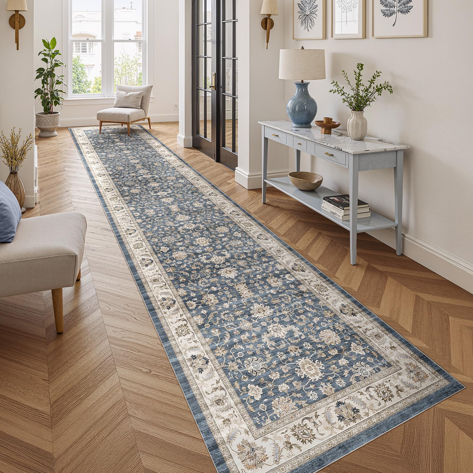 WITSHOCK 3x14 Runner Rugs for Hallway : Machine Washable Non Slip Vintage Carpet - Low Pile Lightweight Print Rug for Kitchen Laundry Room Bedroom Beside Rug - Pet & Kids Friendly (Blue) Image